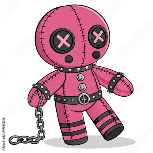 Generate an image of a pink plush doll with X-shaped eyes and chains instead of arms.  The doll should have a slightly unsettling, quirky aesthetic.