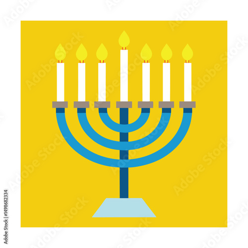 A colorful artistic illustration depicting a blue menorah with lit candles on a yellow background