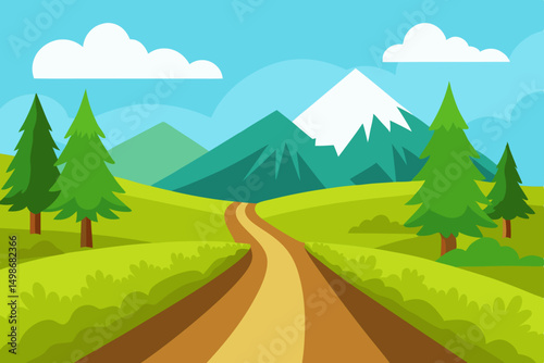Green forest mountains with a summer road under a blue sky and white clouds