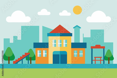 A colorful cartoon vector illustration of a vibrant urban landscape with buildings, houses, and trees under a cloudy sky