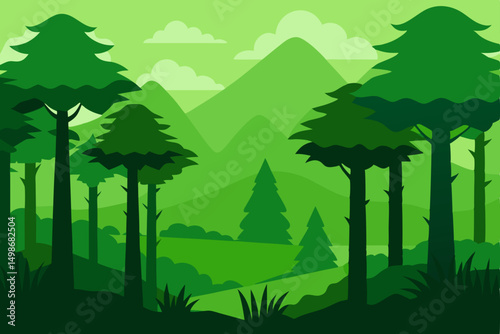 Vector illustration of a natural forest landscape with trees, mountains, grass, and sky, depicting a summer scene in the countryside