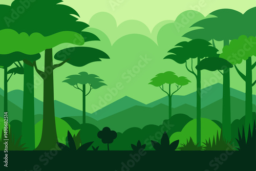 Tropical summer landscape illustration with palm trees and a green forest