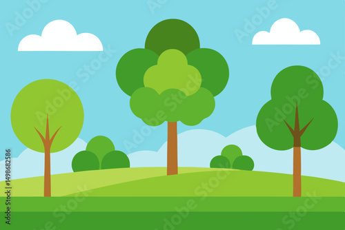 Vibrant summer nature illustration with a lone tree in a sunny meadow under a blue sky