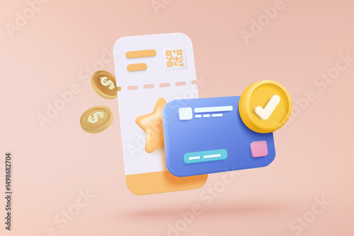 3D cinema movie ticket with online money payment, watch movie in theatre. Media film for entertainment, booking ticket and payment credit card. 3d vector cinema coupon icon render illustration