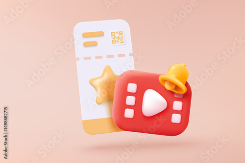 3D cinema movie with minimal film theater play icon, watch movie in theatre and notification. Media film for entertainment alert in social media. 3d cinema reminder vector icon render illustration