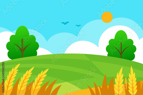 A vibrant vector illustration of a summer landscape with green grass, trees, and a bright sky, ideal for nature-themed art