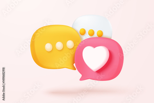 3D social media online platform concept, online social communication on applications, Photo frame with heart and love emoji icon, like and play in red bubble icons. 3d heart vector render concept