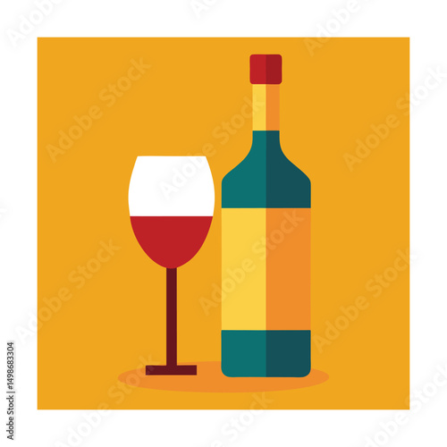 Flat style illustration of a wine glass and wine bottle on an orange background