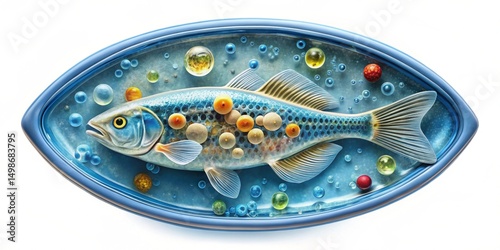 Aqueous Encasement Aquatic Lifeform Immersed in a Translucent Vessel with Vibrant Spheres