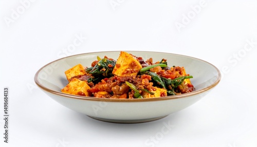 Szechuan mapo tofu in ceramic bowl isolated on white background for spicy Chinese cuisine or vegetarian concept