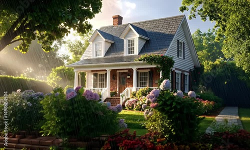 A charming house basks in the warm sunlight during a gentle summer rain. Lush greenery and vibrant flowers surround the home, creating a serene and picturesque scene