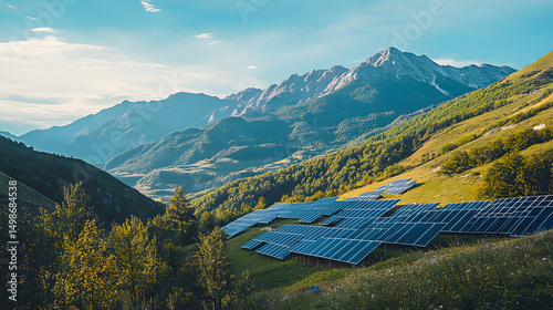 A stunning mountain range with solar panels installed along the hillsides, symbolizing the future of energy solutions in harmony with nature.