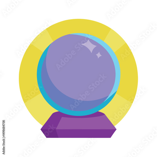A vibrant cartoon illustration of a crystal ball on a stand with glowing light