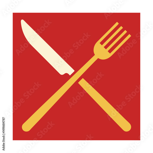 Crossed knife and fork on red background restaurant symbol for dining and eating