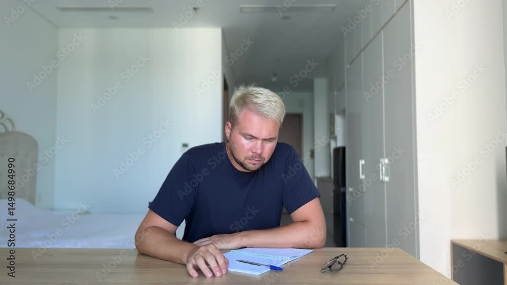 A young guy, dyed stylish blond in a blue t-shirt sits at a desk in a bright interior and writes in a notebook. He doesn't know what to write, the man thinks, crosses out and sighs. What to do?
