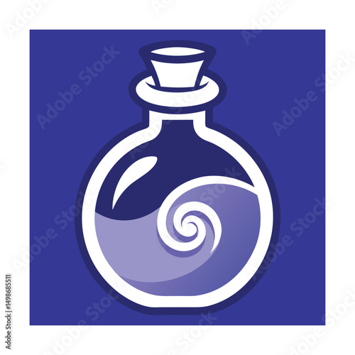 Artistic potion bottle illustration featuring spiral elements with cool gradient colors and a modern design