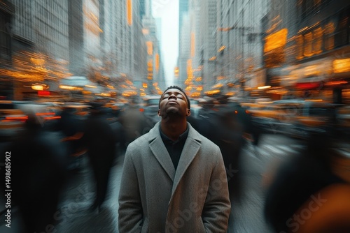 Man in gray coat standing still with eyes closed in busy city street surrounded by blurred moving crowd and glowing lights, evoking calm amidst chaos
