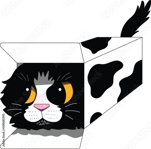 cute tuxedo cartoon cat with cow spots hiding inside a cardboard box, vector design