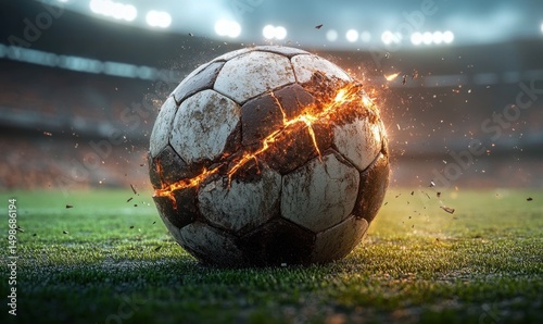 Worn and cracked soccer ball glowing with fiery cracks on a grass field under bright stadium lights, conveying intense energy and dynamic motion