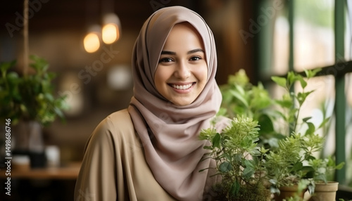 Muslim Woman In Hijab Smiling, Traditional Clothing, Brown Background, Warm Light Portrait, Arabic Female, Modest Fashion, Confident Expression, Cultural Identity, Natural Smile photo