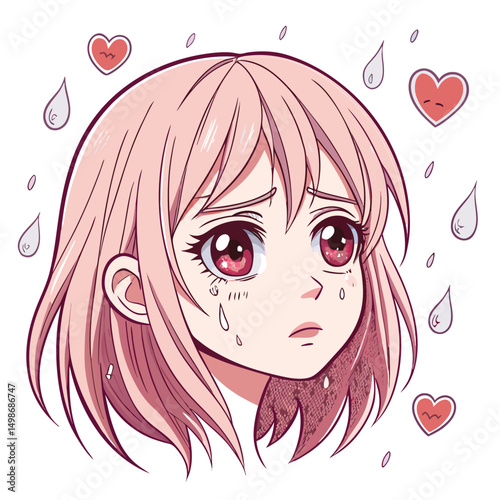 Anime girl head, melancholic expression, rain droplets on face, cracked skin, detailed, close-up, emotional, sorrowful.