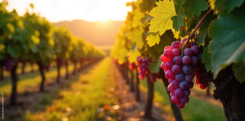 Naklejka premium Sunlight streams through vineyard rows, illuminating ripe grapes hanging heavy on the vines A picturesque autumn scene at a thriving winery Ready for harvest , fruit, farming, autumn