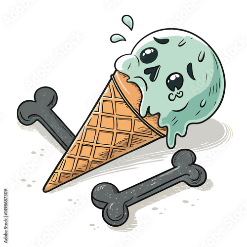 A melting mint green ice cream cone transforming into skeletal remains, evoking sadness and mortality.  Detailed, realistic rendering.