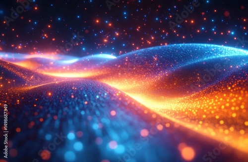 Abstract glowing wave landscape composed of blue and orange particles creating a vibrant, flowing, and dynamic digital terrain under a dark starry sky