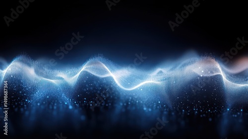 Abstract glowing blue wave of particles and light dots on a dark background creating a flowing digital landscape effect