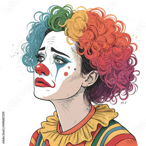 A melancholic female clown with a smeared, crimson clown nose and distressed makeup, conveying sadness.  Focus on the texture and detail of the makeup.