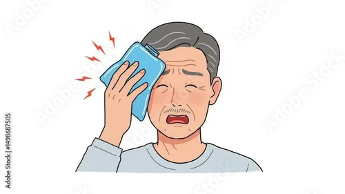 Elderly man applying a cold compress to his forehead, showing signs of discomfort at home