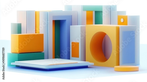 Abstract arrangement of colorful geometric blocks and shapes including rectangles, cubes, and cylinders in pastel hues of blue, orange, and yellow on a white surface