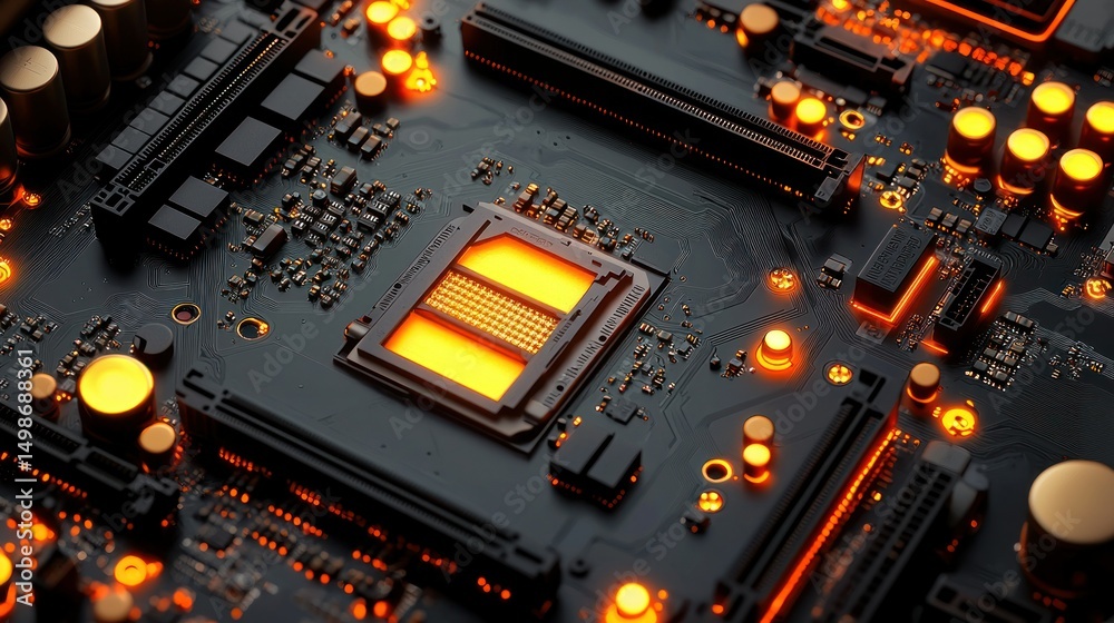 Fototapeta premium Close-up computer motherboard with glowing CPU