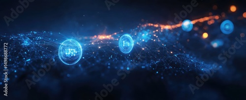 Glowing blue and orange digital network with interconnected spherical nodes representing data flow and technology in a dark space
