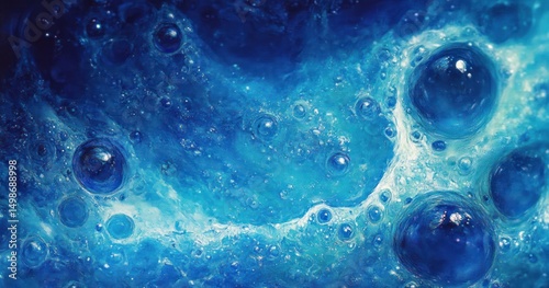 close-up view of swirling blue liquid with various sizes of bubbles creating textured and dynamic surface