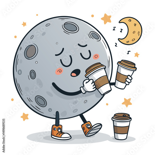 A whimsical illustration of a drowsy moon, anthropomorphized, contentedly sipping five cups of coffee, rendered in grayscale.