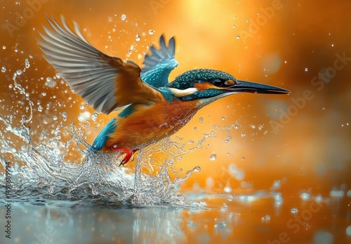 colorful kingfisher bird emerging from water with wings spread wide and water droplets splashing around against a warm golden background photo
