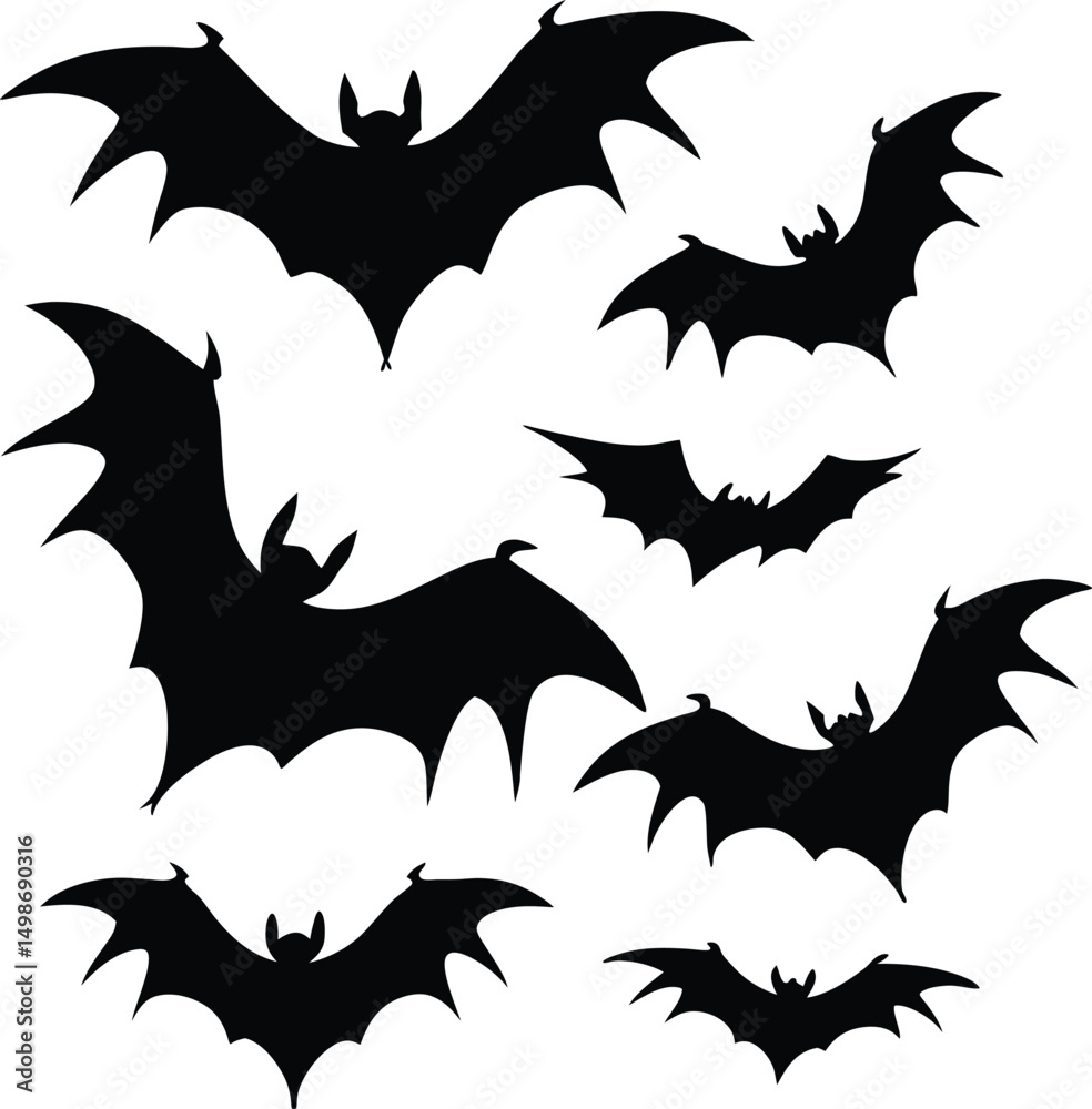 Fototapeta premium Collection of Black Bat Silhouettes on White Background