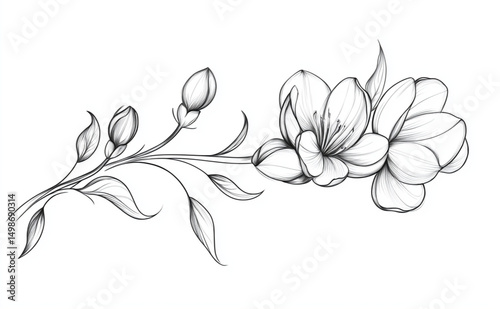 one thin and long branch of freesia with closed buds lies horizontally. tattoo design with linear pattern, thin lines, black and white sketch, white background 