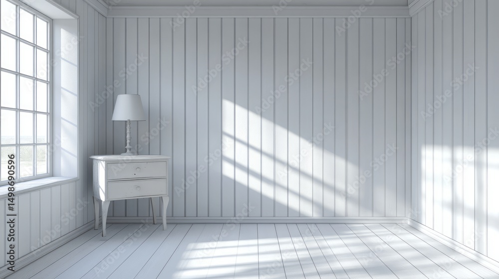 Fototapeta premium Empty white room with sunlight and a small bedside table.