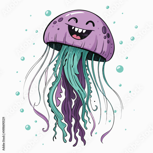 Pastel purple jellyfish, smiling, leaking vibrant toxic ink; whimsical, surreal underwater scene.