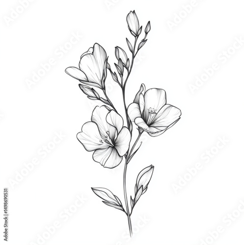 one branch of freesia flowers. delicate tattoo design with linear pattern, elegant floral arrangement, thin lines, black and white sketch, botanical style, minimal but expressive, white background