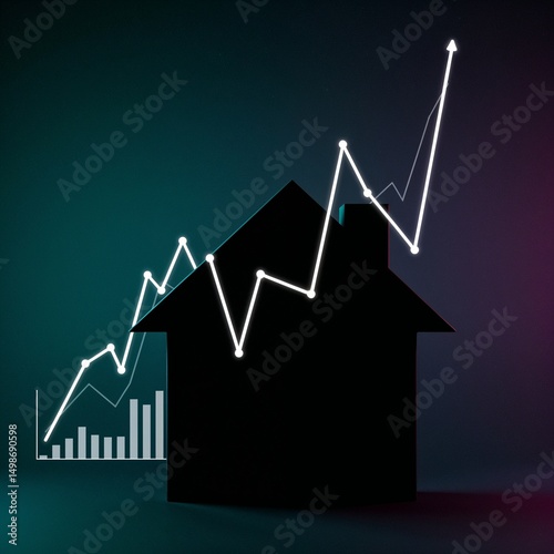 Graph indicating property value growth over a house silhouette  