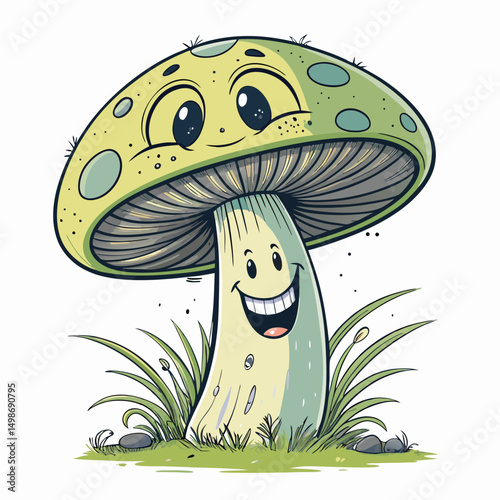 A cheerful, smiling mushroom emitting toxic green fumes, perched atop decaying, rotting spores.  Detailed, vibrant, fantasy art style.