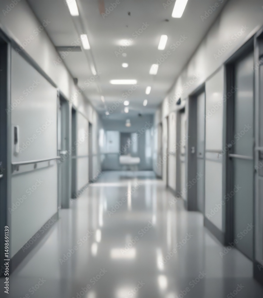 Obraz premium Blurred hospital corridor background, sterile and clean feel, out of focus, light, abstract