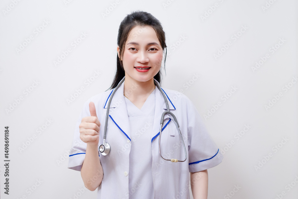 Healthcare professional smiling and giving a thumbs up in a clinical setting during daytime Healthcare professional smiling and giving a thumbs up in a clinical setting during daytime