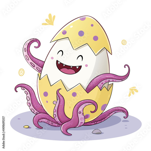 A smiling pastel-colored egg cracks open, revealing vibrant tentacles sprouting from within; whimsical, surreal, illustration style.