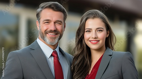 Confident Business Duo: Professional Man & Woman in Suits with Red Accents, Outdoor Corporate Portrait  Cinematic Corporate Ambiance: Stylish Business Pair Smiling on Urban Street Modern Professional 