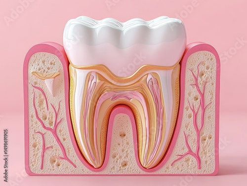 Cross-section of a human molar tooth showing detailed internal layers including enamel, dentin, pulp, nerves, blood vessels, and surrounding gum tissue against a pink background