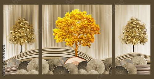 Fototapeta Naklejka Na Ścianę i Meble -  3d wall poster wallpaper, landscape with dark golden mountains, trees, moon, wood dark black background 	
